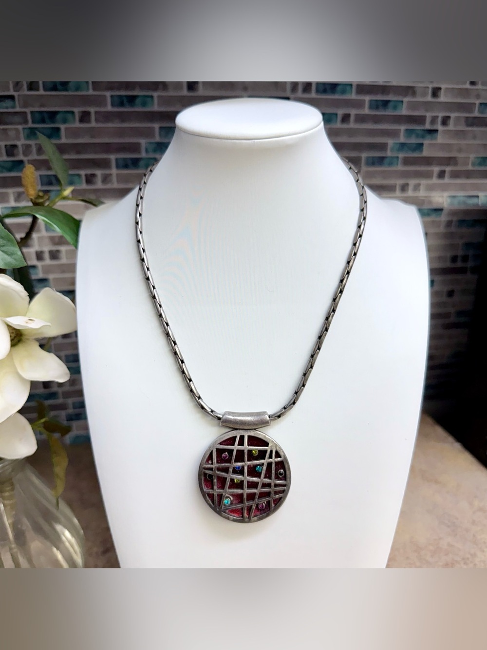 Chico’s large round caged pendant necklace